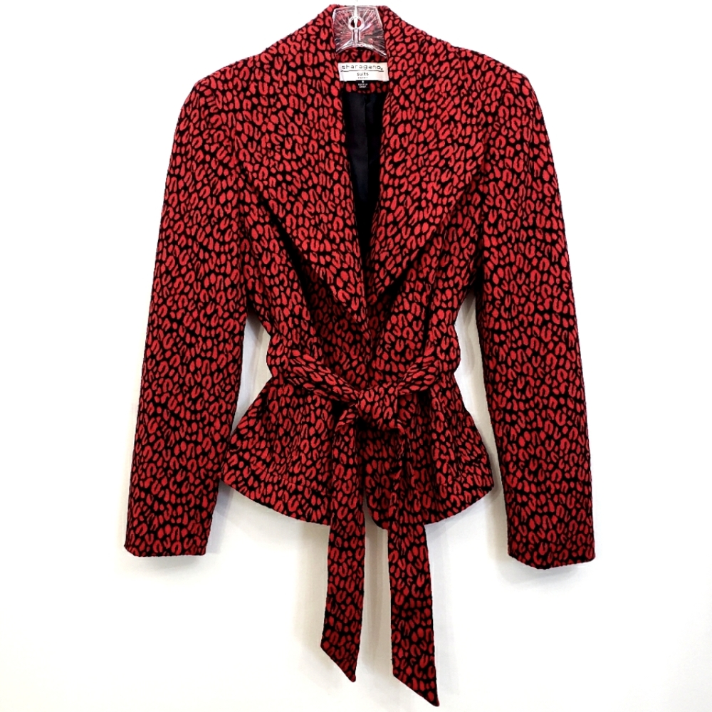 Sheragano Suits Red/Black Geometric Print Collared Tie Front Longsleeve …